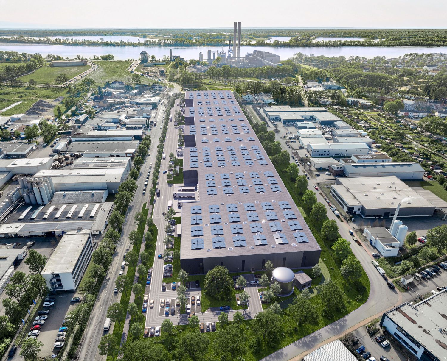 Die Visualisierungen zeigen das Logistikprojekt „ELBDOX“ mit der Adresse Industriestraße 60 in 22880 Wedel in der Metropolregion Hamburg bei Fertigstellung Mitte 2027. Bildrechte: thirteen seven